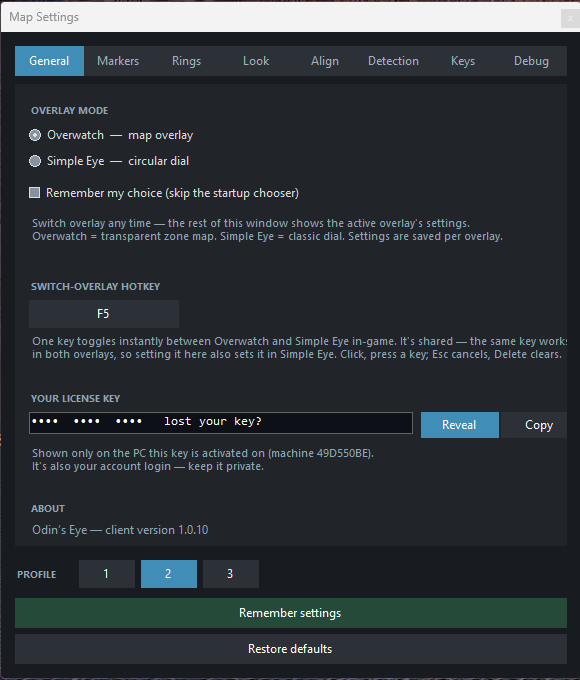Overwatch General settings — overlay mode, swap hotkey, license