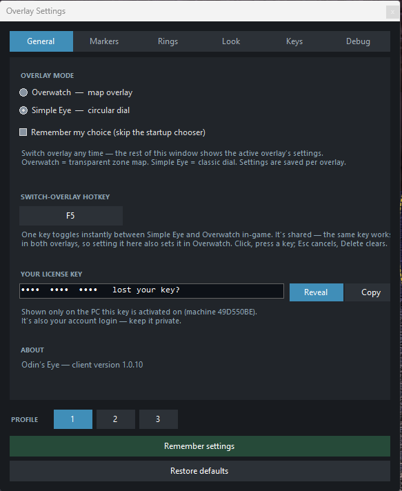 Simple Eye General settings — overlay mode, swap hotkey, license